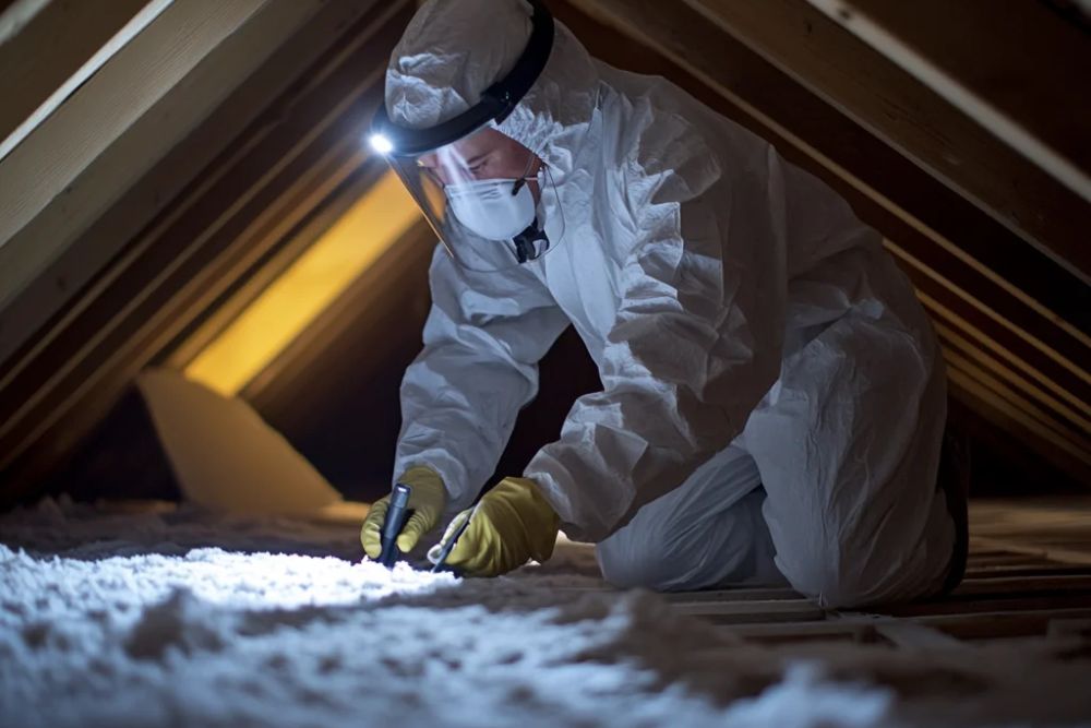 A man dressed in a white suit and protective gear is seen working on insulation for a mold removal service in Petersburg, FL.