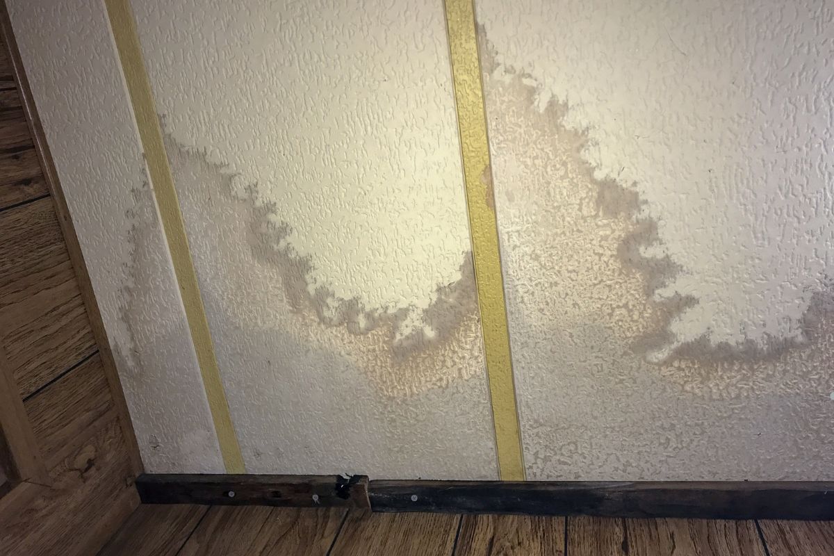 Water-damaged wall showing stains and discoloration with visible wood paneling at the bottom.