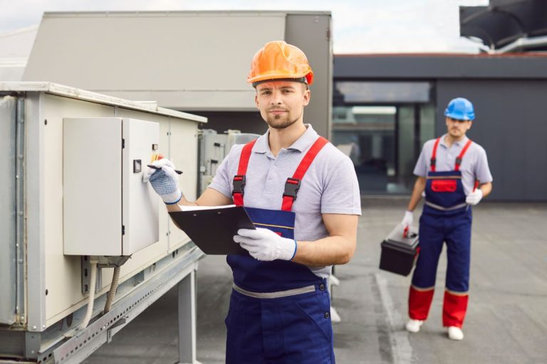 Two men in overalls stand beside an air conditioner, preparing for thermal inspections in a mold removal service.
