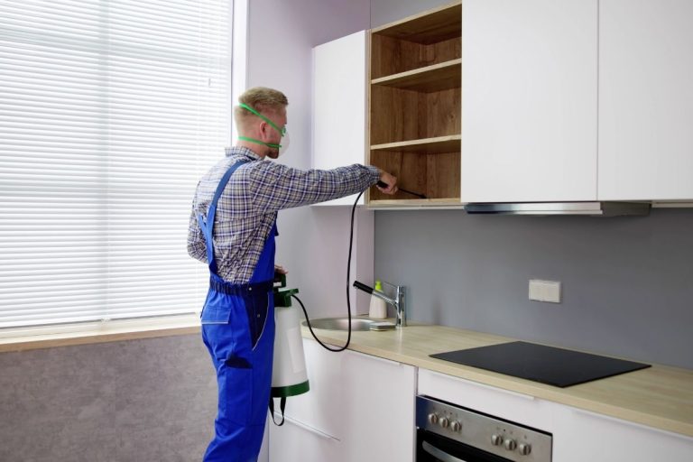 A man in overalls uses a sprayer to apply a coating in a kitchen, focusing on the walls and cabinets.